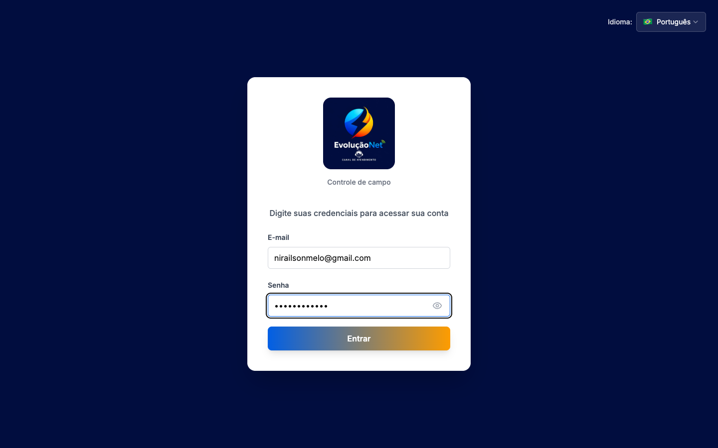 Login preenchido com e-mail do Nirailson