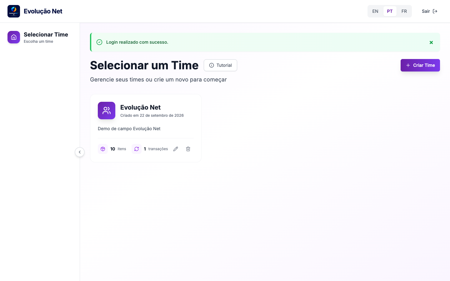 Seleção do time Evolução Net