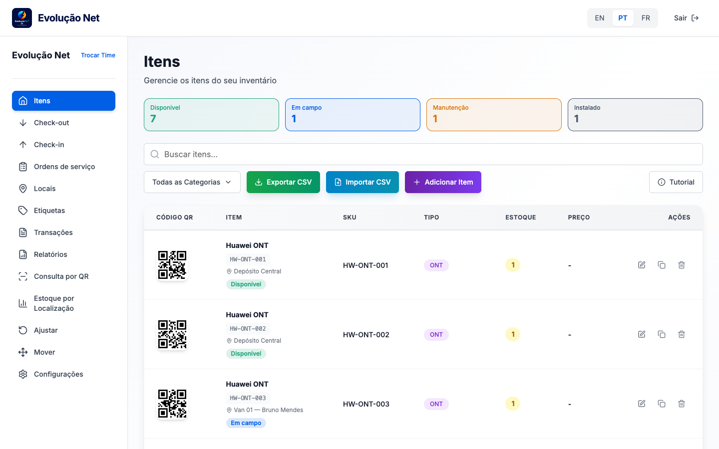 Lista de itens com status disponível e em campo