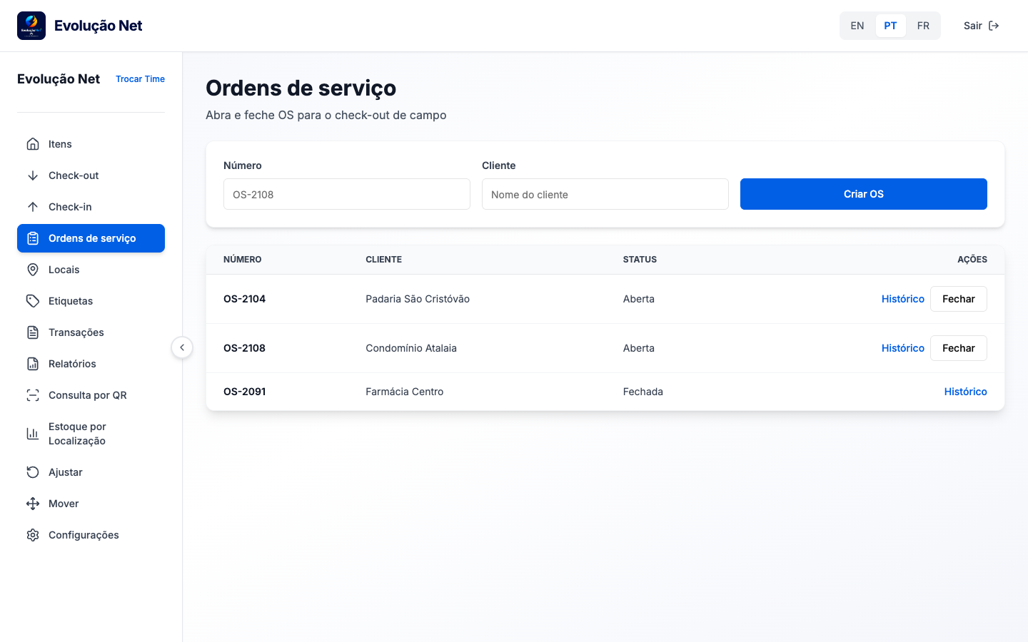 Lista de ordens de serviço com criar e fechar