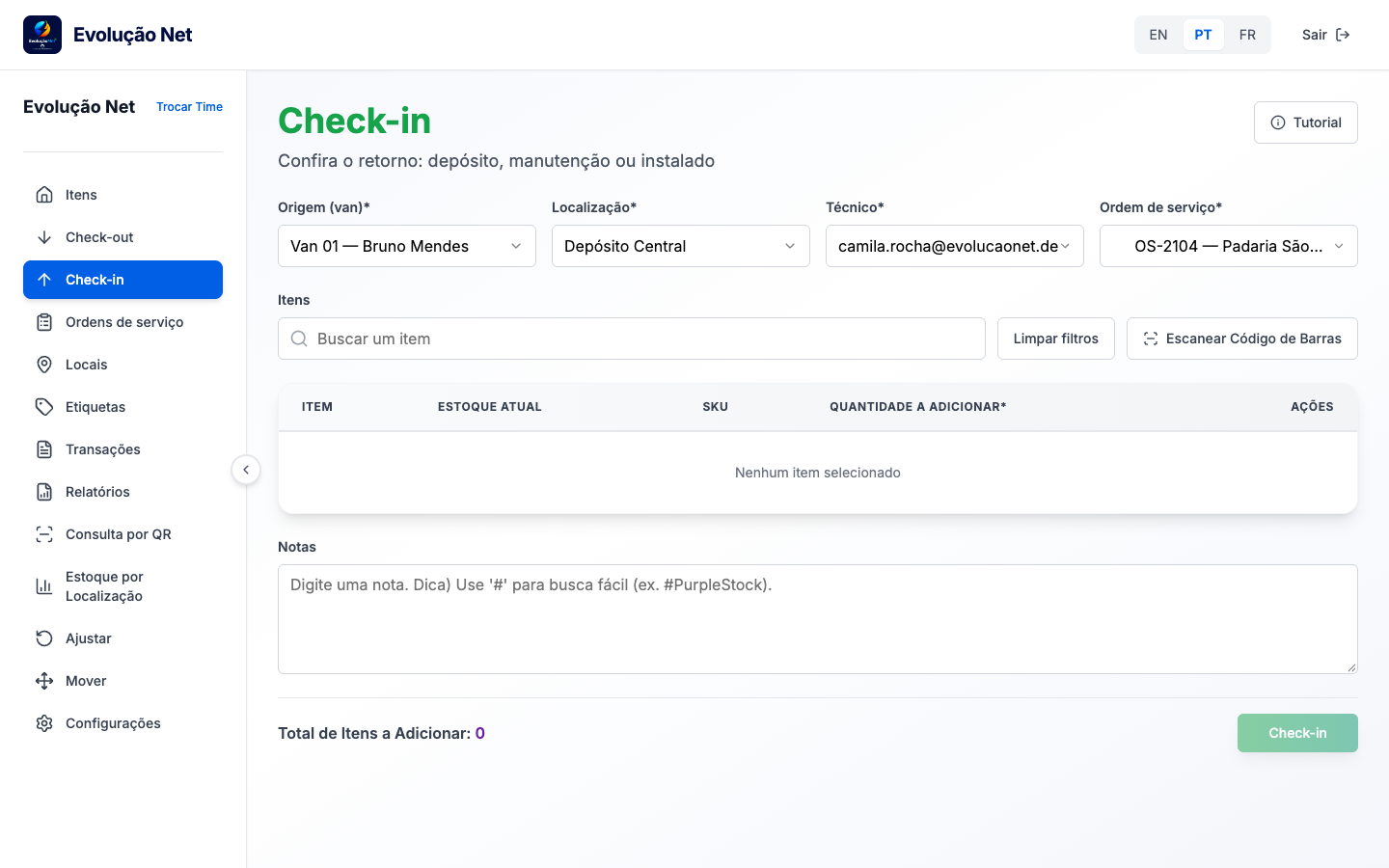 Tela de check-in