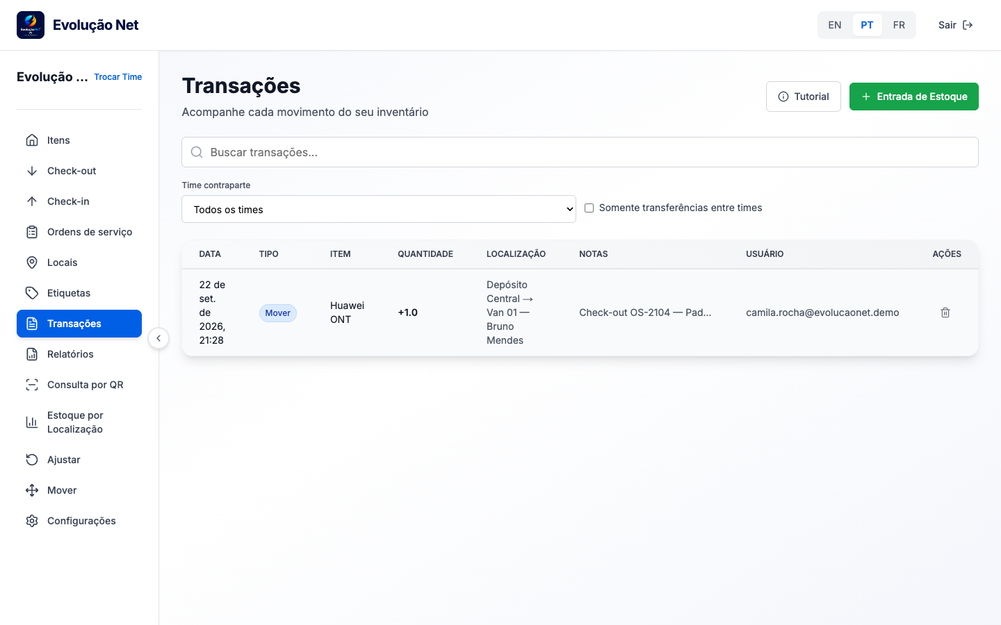 Histórico de transações com check-out para a van